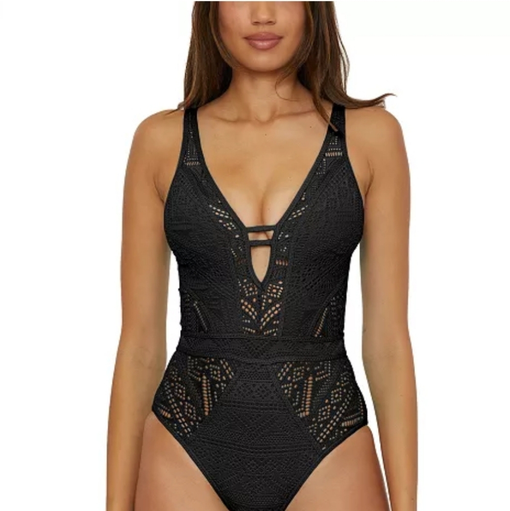 NWT BECCA COLOR PLAY BLACK CROCHET ONE PIECE PLUNGE NECK SWIMSUIT XS